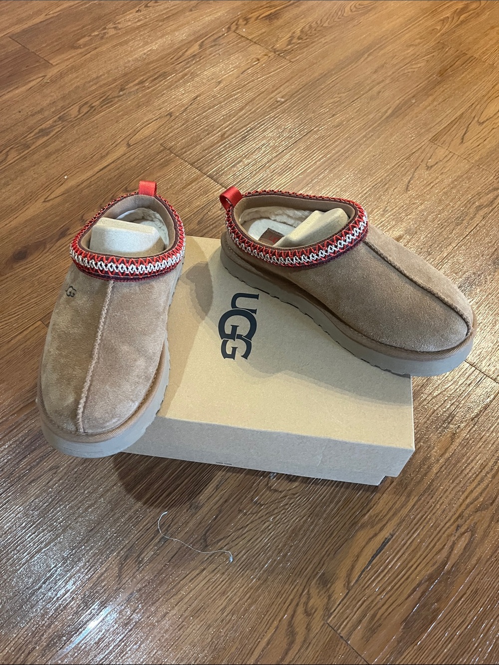 UGG Tan Suede Slip-On Clog with Red Trim